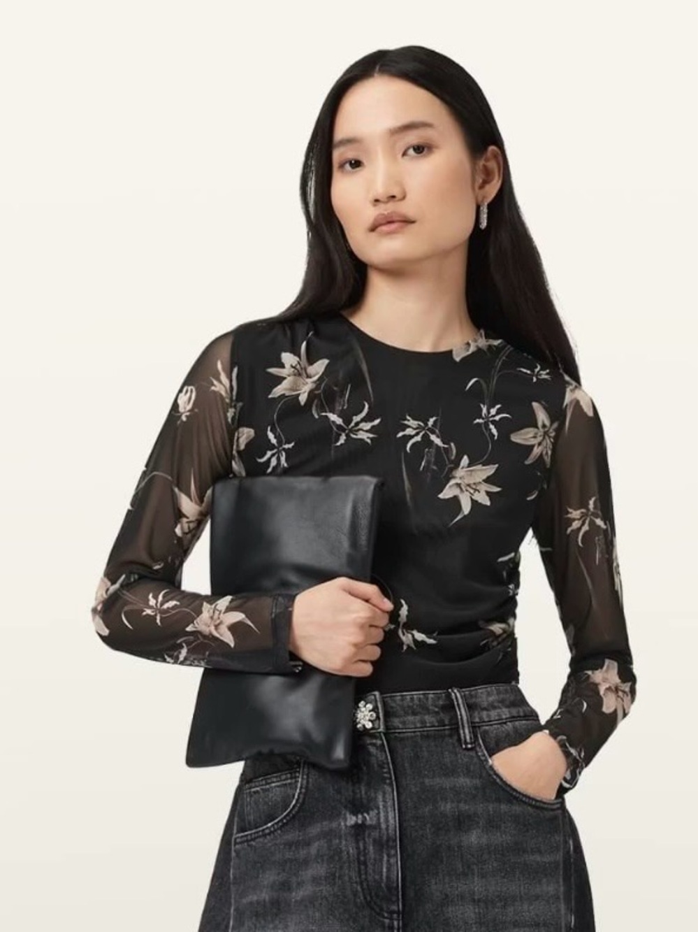 All Saints Black Floral Long-Sleeve Mesh Top